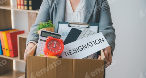 Preview: Female firm employee leaving the office with cardboard boxes