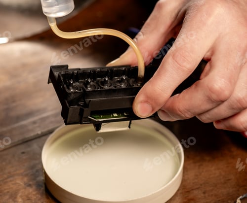 Preview: Special cleaning solution being applied to clogged printer nozzles print head using precision tools.