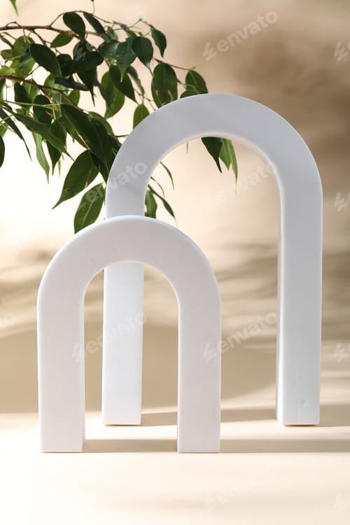 Preview: Promotion. White figures and green leaves on beige background
