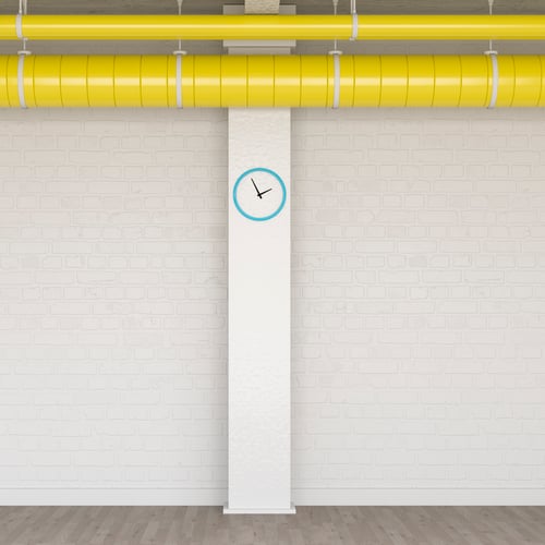 Loft with wall clock and yellow ventilation pipe, 3D Rendering Loft with wall clock and yellow ventilation pipe, 3D Rendering