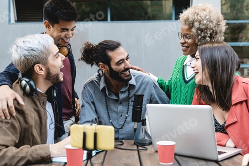 Preview: Multiracial people live streaming podcast outdoor - Focus on african girl face