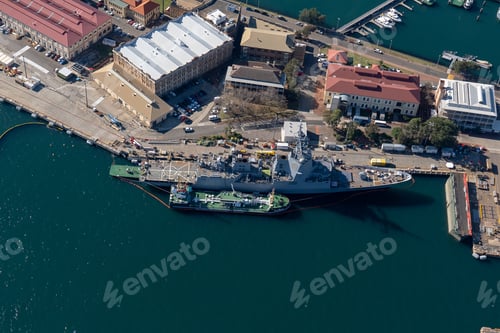 Preview: aerial view of naval base ship, Australian Royal Navy ship in dock