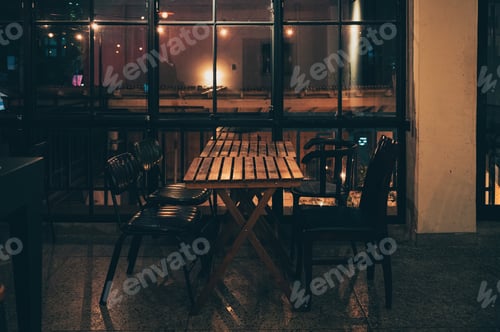 Preview: Pub bar with window, warmth light and wooden table and chair