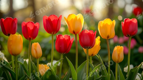 Preview: Vibrant Red And Yellow Tulips Bathed In Soft Sunlight, Standing Tall Amongst Lush Greenery