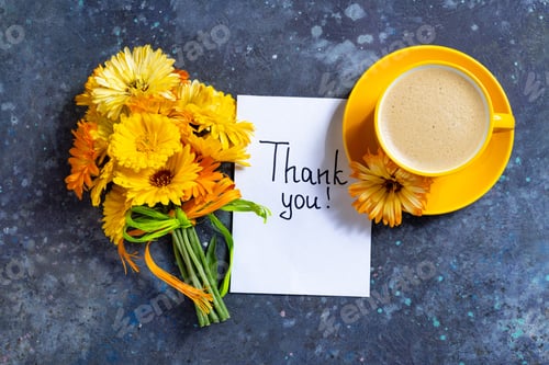Preview: Notes thank you and coffee mug with bouquet of yellow flowers calendula on blue background