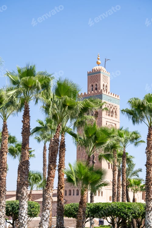 Preview: Koutoubia Mosque, Marrakech, Morocco during a bright sunny day