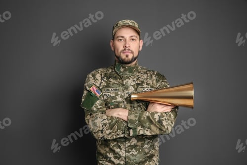 Preview: Military man with megaphone on gray background