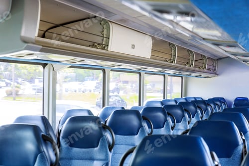 Preview: Empty bus interior, no people transport travel road trip is ready for passengers