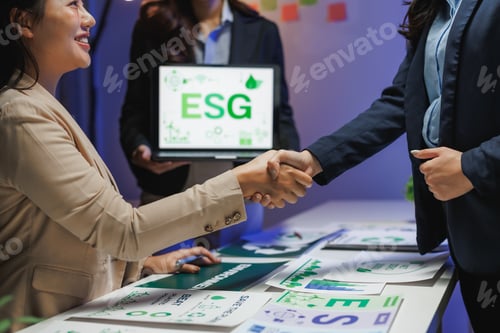 Preview: Businesswomen shaking hands on esg agreement in office meeting