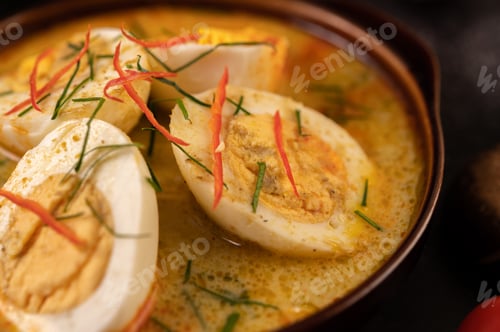 Preview: Egg green curry in black cups.