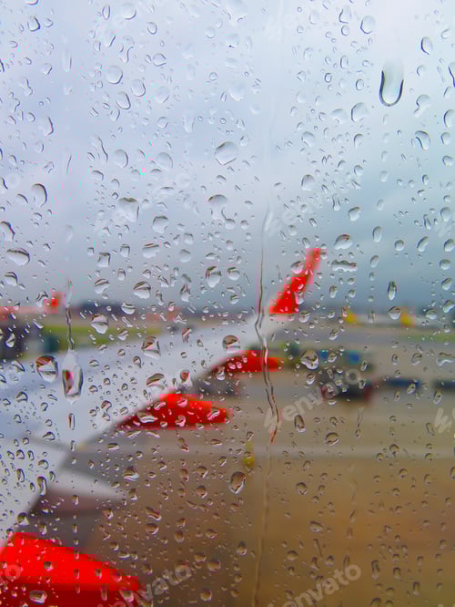 Preview: water drops on the airplane window glass, selective focus. selective focus rain drop form window sea