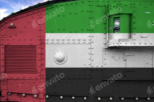 Preview: United Arab Emirates flag depicted on side part of military armored tank close up