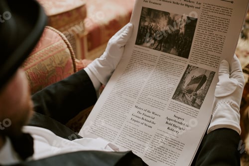 Preview: Caucasian Middle Aged Man Reading Newspaper While Sitting Indoors