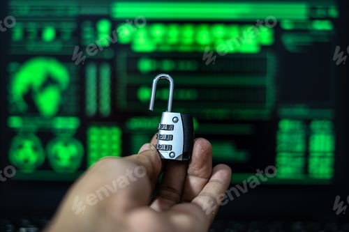 Preview: Cyber Security concept - hand with a padlock on the hacker screen background