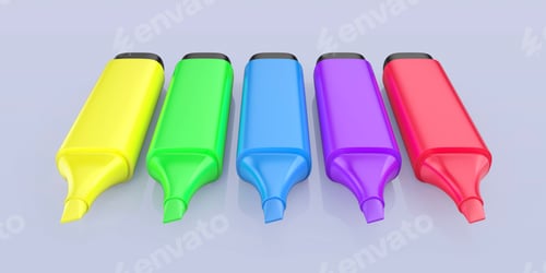 Preview: Row of five different colored fluorescent pens