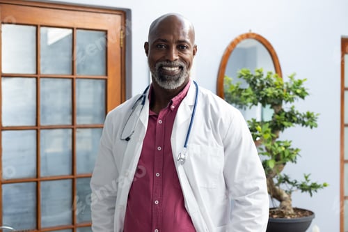 Preview: Portrait of happy african american male doctor wearing stethoscope and smiling at doctor's office