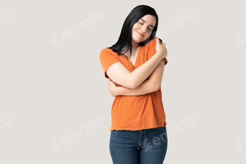 Preview: Smiling Pretty Woman Embracing Herself