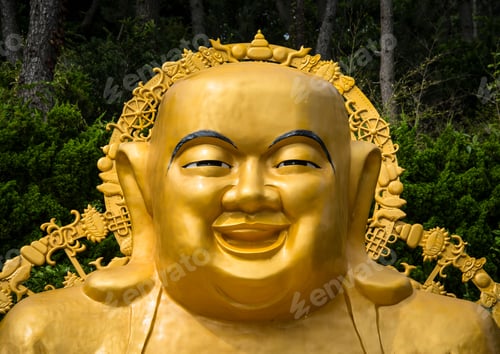 Preview: Closeup shot of the gead of a happy golden Buddha in Paochueh Temple in Taichung, Taiwan