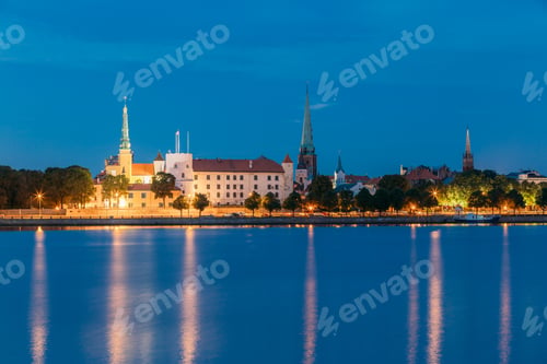 Preview: Riga, Latvia. Panoramic Picturesque Urban View Of Daugava Or Western Dvina River In Central Part Of