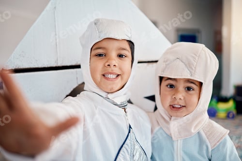 Preview: Selfie, costume and playing with children at home for astronaut, halloween and fantasy. Happy, smil