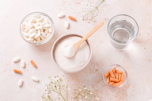 Preview: Collagen powder, pills and glass of water on beige stone table top