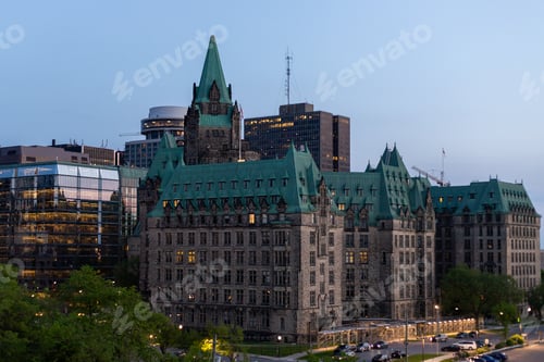 Preview: Confederation Building in Ottawa, Canada. Cityscape in downtown in evening.