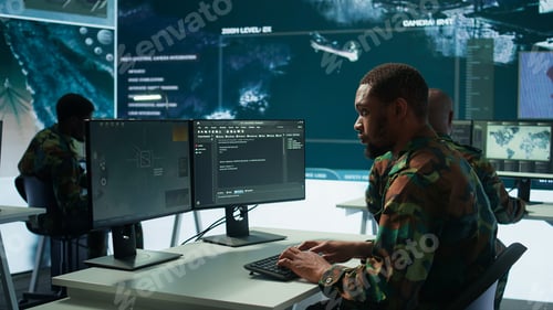 Preview: Soldier working with AI intelligence on pc in control room