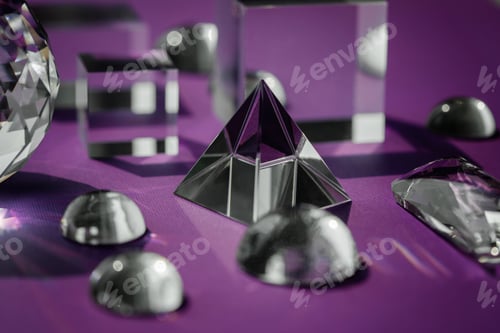 Preview: Crystal prism refracting light, magic crystals and pyramid, sphere and cube on purple background