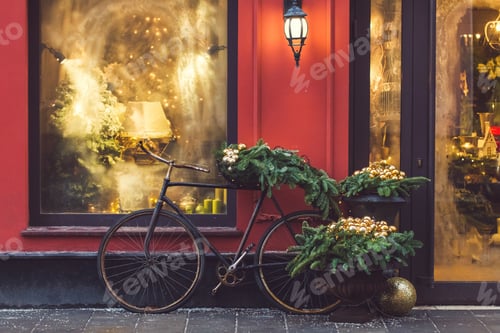 Preview: Christmas decorated showcase with old bicycle, fir branches, glass shiny toys