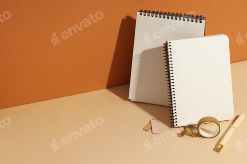 Preview: Open notebooks stand with pens on a light background