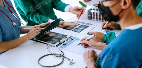 Preview: Medical team having a meeting with doctors in white lab coats and surgical scrubs seated at a table