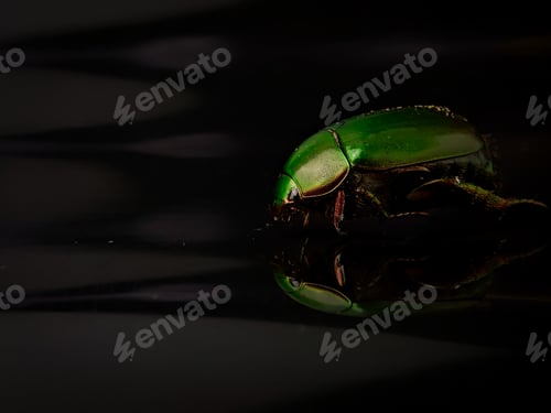 Preview: Closeup green beetle bug with reflection
