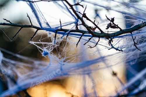 Preview: Halloween decorated tree with fake spider web in soft sunset light