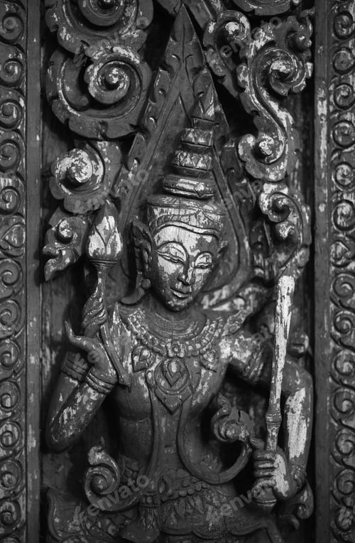 Preview: The ancient wooden carving in Thai Buddhist temple