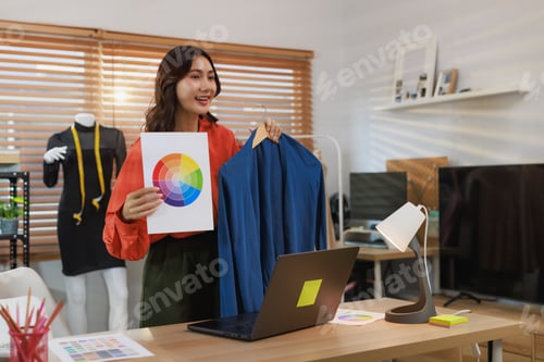 Preview: Woman fashion designer presenting color and clothing online