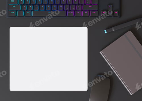 Preview: Blank and white computer mouse pad on the desk at home. Mousepad mockup. Copy space
