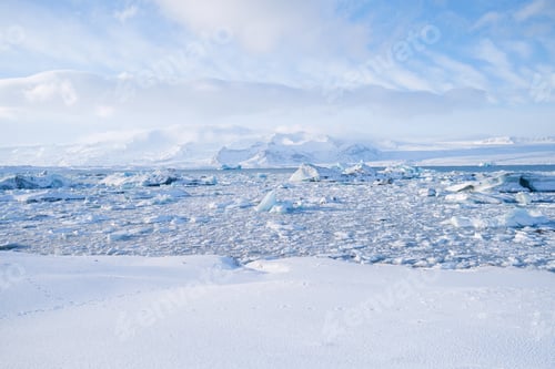Preview: Iceland, Vatnajokull National Park. Panoramic view of the ice lagoon.
