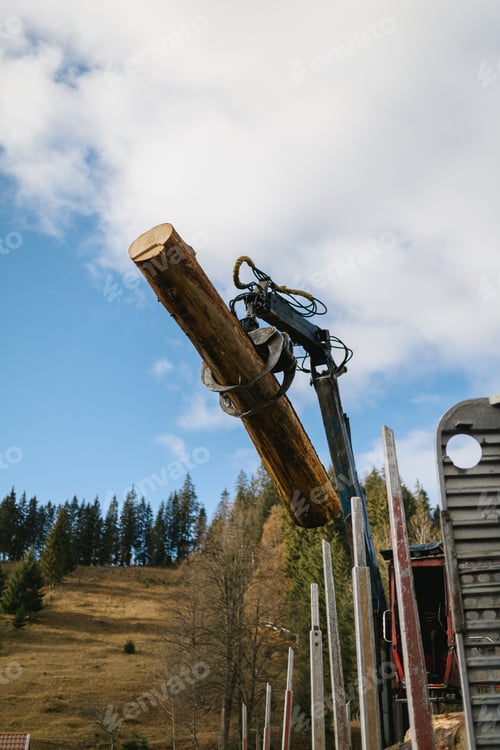 Preview: Crane loading wood into wood truck and the wood grapple holding a log in the air