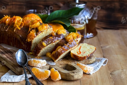 Preview: Tangerine cake with tea background