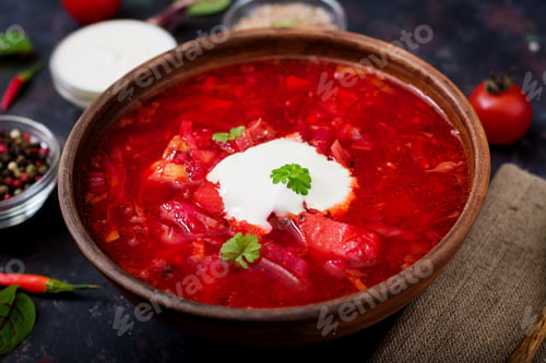 Preview: Traditional Ukrainian Russian borscht with white beans on the bowl.