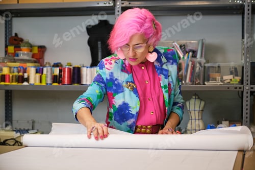 Preview: Seamstress with pink hair and colorfull clothes unrolling sewing patterns.