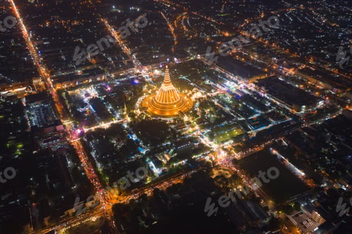 Preview: Aerial view of Phra Pathom Chedi temple. The buddhist pagoda, urban city of Nakhon Pathom, Thailand