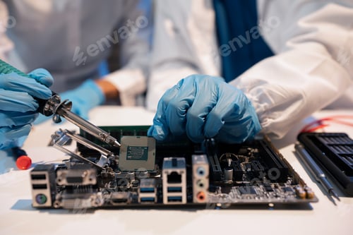 Preview: Close up of Technician measuring voltage electronic circuit board