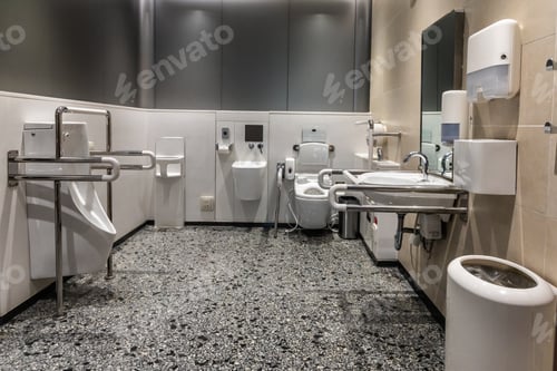 Preview: Comprehensive generic disability friendly restroom toilet sanitary with hand rails, bars and aids.