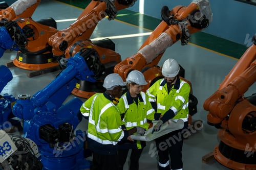 Preview: Robotics engineers inspect and maintain spare parts of industrial robot arm.