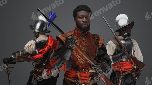 Preview: Multicultural group of medieval conquistadors against grey background