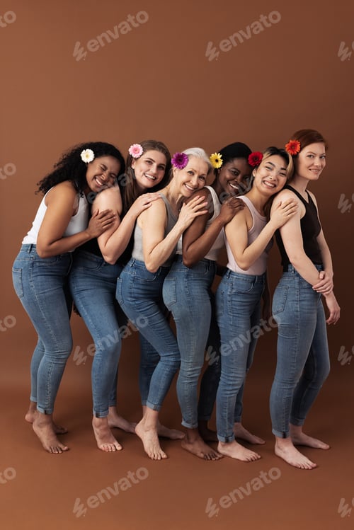 Preview: Full length of six women with flowers in their hair