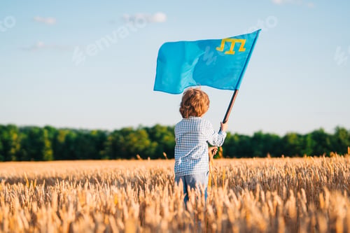 Preview: Crimean Tatar Boy Holding National Flag In Wheat Field.eastern European Identity