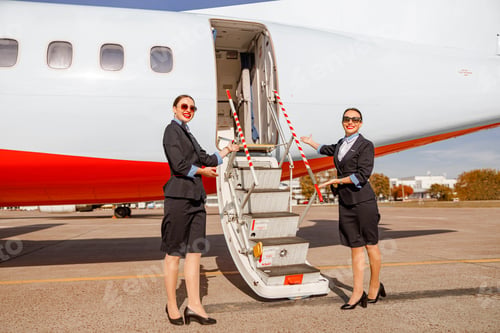 Preview: Cheerful stewardess standing near airplane and inviting on board