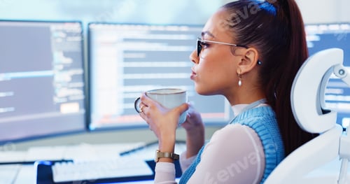 Preview: Programming, woman or coffee with computer for software development, reading information or system
